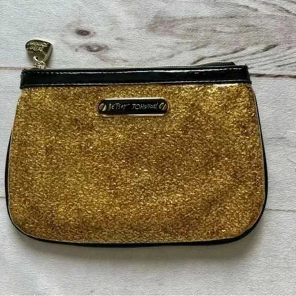 BETSEY JOHNSON Plastic Coated Glitter Canvas Zip Clutch Pouch - Picture 1 of 8